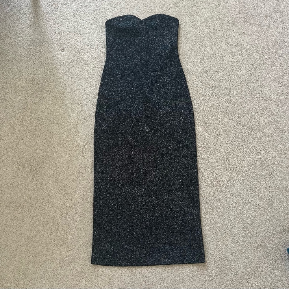 black metallic strapless knit midi bodycon dress